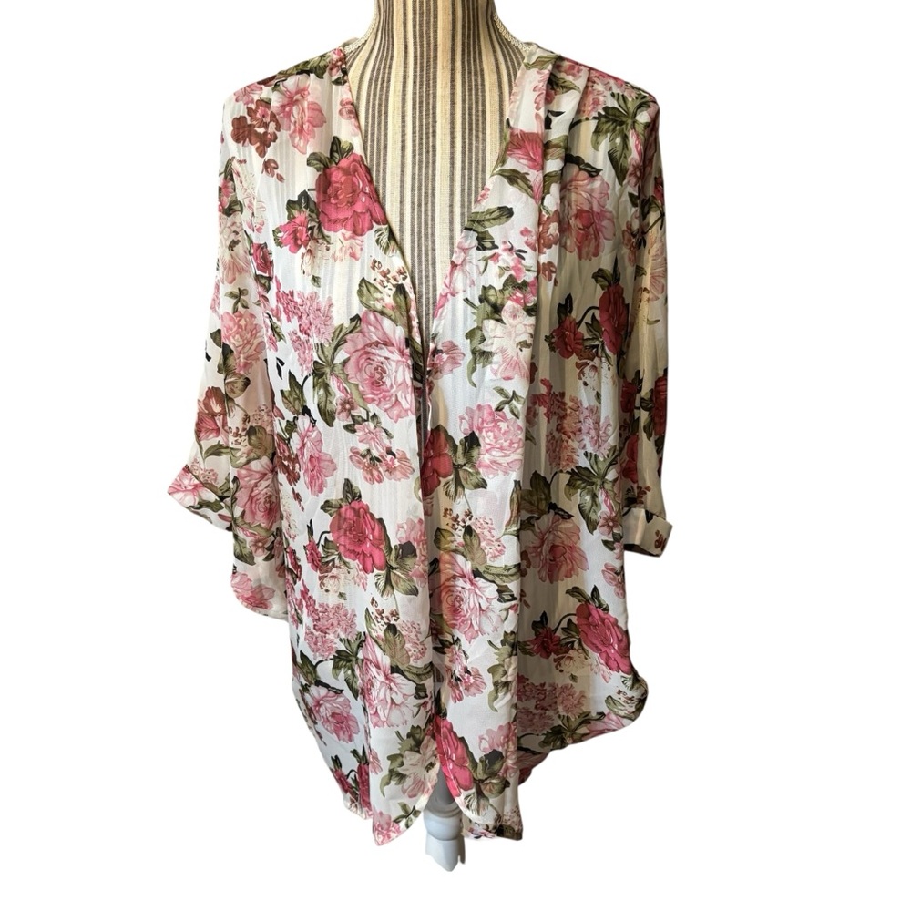 SALE! Kimono Cardigan S White Floral Pink Roses Green Short Dolman Sleeves Flowy
